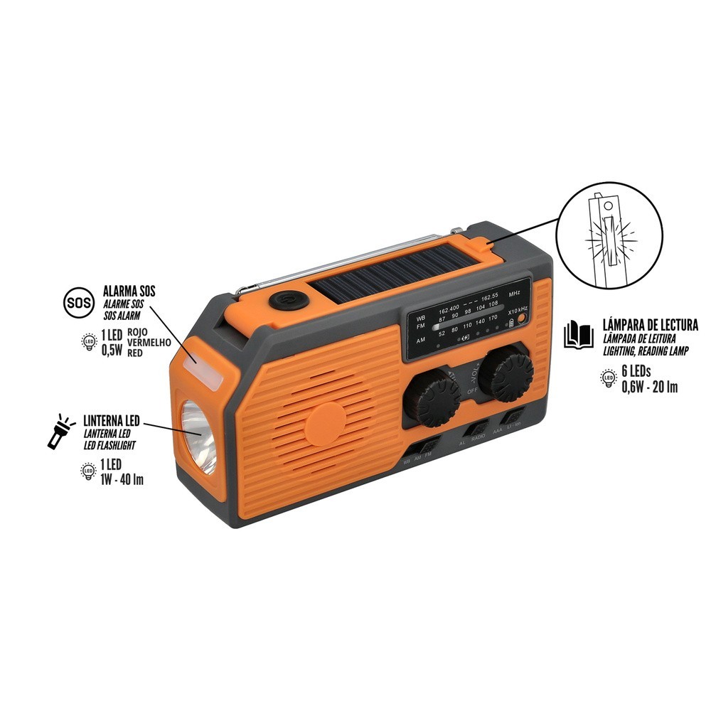 Linterna Led De Emergencia Solar Con Radio, Con Bateria, Carga Manual Dinamo al por Mayor | Almacén de Ferretería