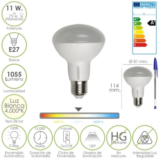 Bombilla Led Standar Rosca E27 (Gorda) 11 Watt, Equivale a 75 Watt, 1055 Lumenes, Luz Blanca (4,000º K) A+ al por Mayor | Almacé