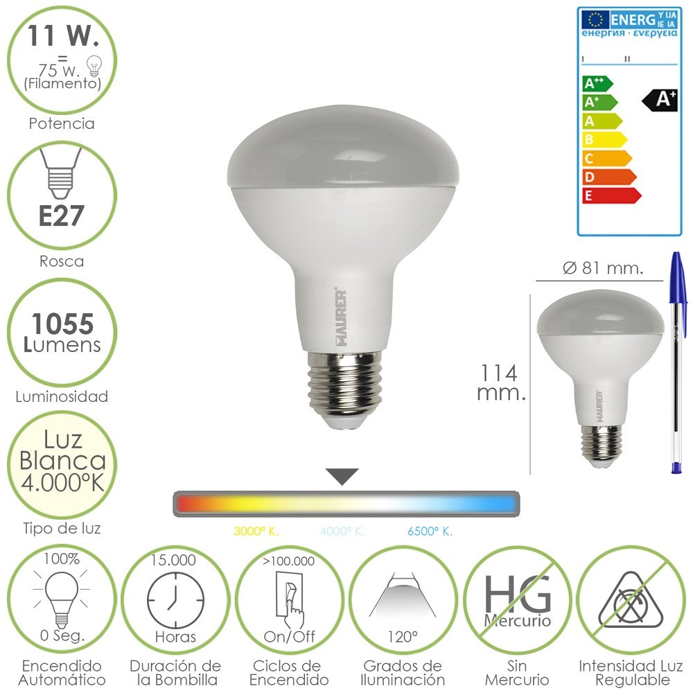 Bombilla Led Standar Rosca E27 (Gorda) 11 Watt, Equivale a 75 Watt, 1055 Lumenes, Luz Blanca (4,000º K) A+ al por Mayor | Almacé