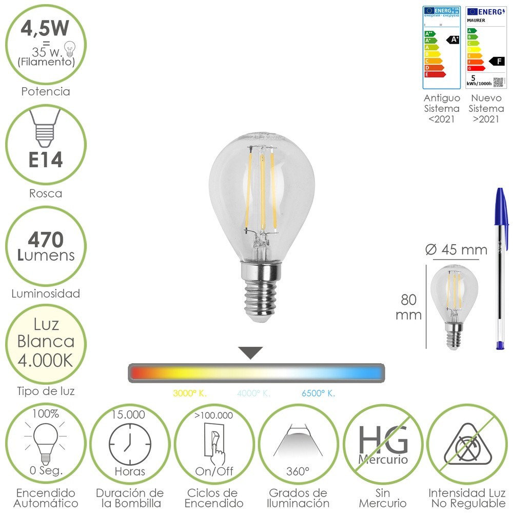 Bombilla Led Filamento Esfera Rosca E14, 4,5 Watt, Equivale A 35 Watt, 470 Lumenes, Luz Neutra 4000º K, al por Mayor | Almacén d