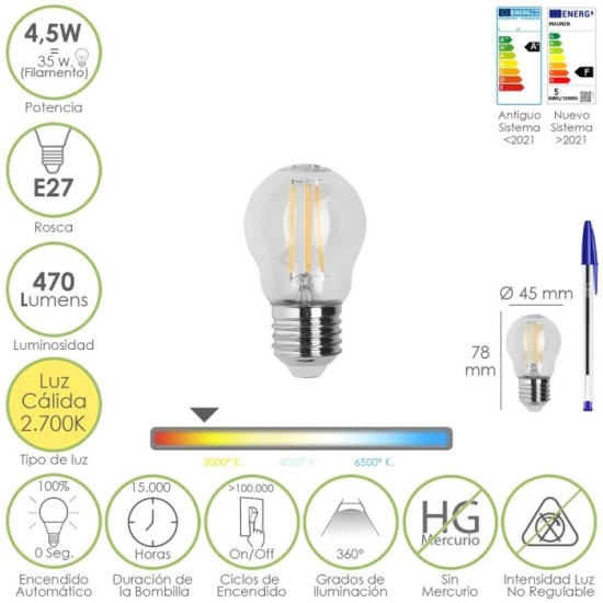 Bombilla Led Filamento Esfera Rosca E27, 4,5 Watt, Equivale A 35 Watt, 470 Lumenes, Luz Calida 2700º K, al por Mayor | Almacén d