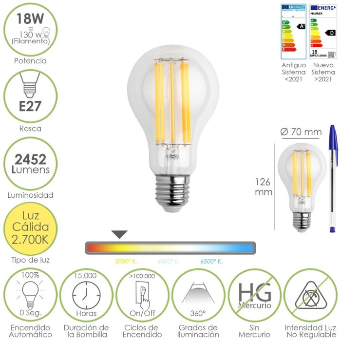 Bombilla Led Filamento Standar Rosca E27, 18 Watt, Equivale A 130 Watt, 2462 Lumenes, Luz Calida 2,700 º K, al por Mayor | Almac