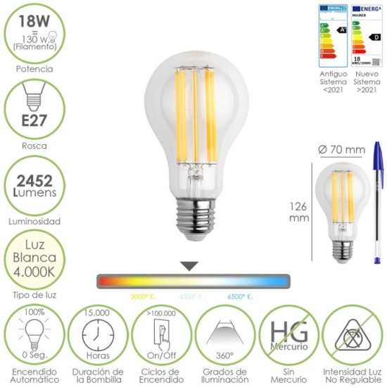 Bombilla Led Filamento Standar Rosca E27, 18 Watt, Equivale A 130 Watt, 2462 Lumenes, Luz Neutra 4000º K, al por Mayor | Almacén