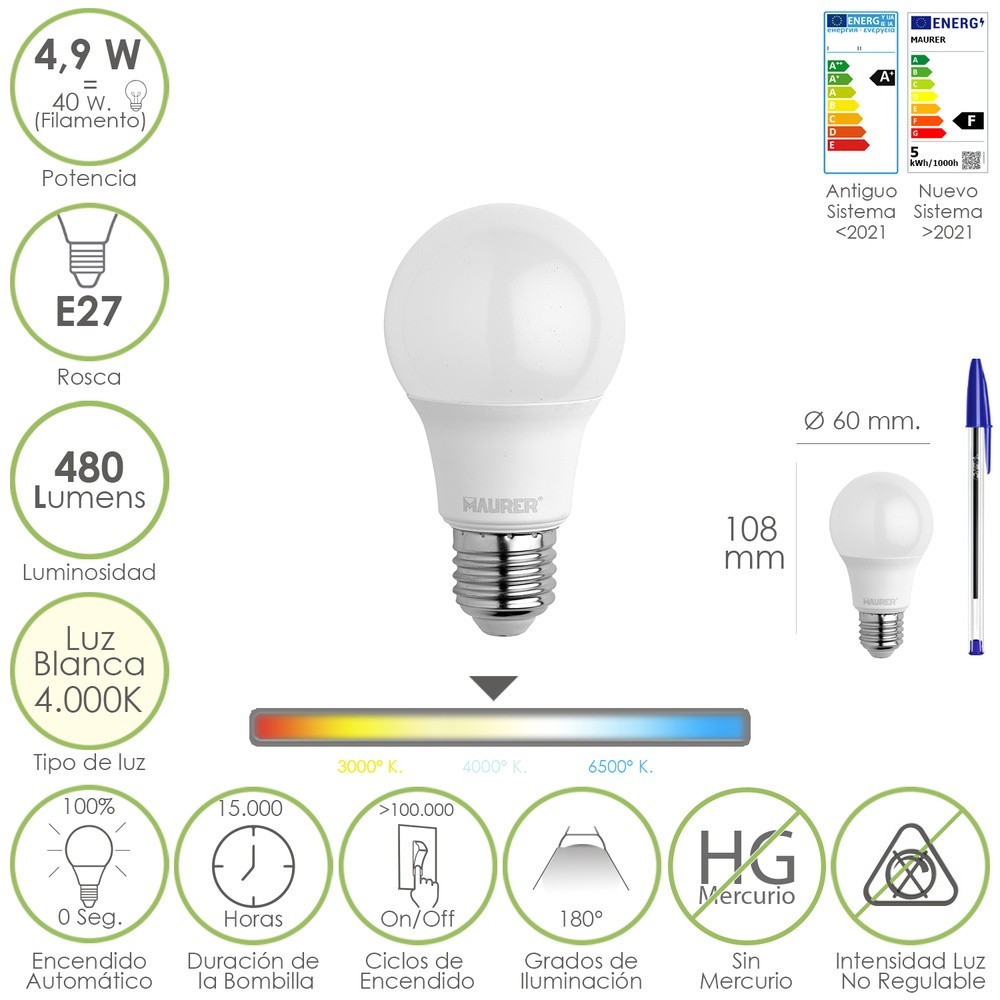Bombilla Led Estandar Rosca E27, 4,9 Watt, Equivale A 40 Watt, 480 Lumenes, Luz Blanca (4000º K,) al por Mayor | Almacén de Ferr