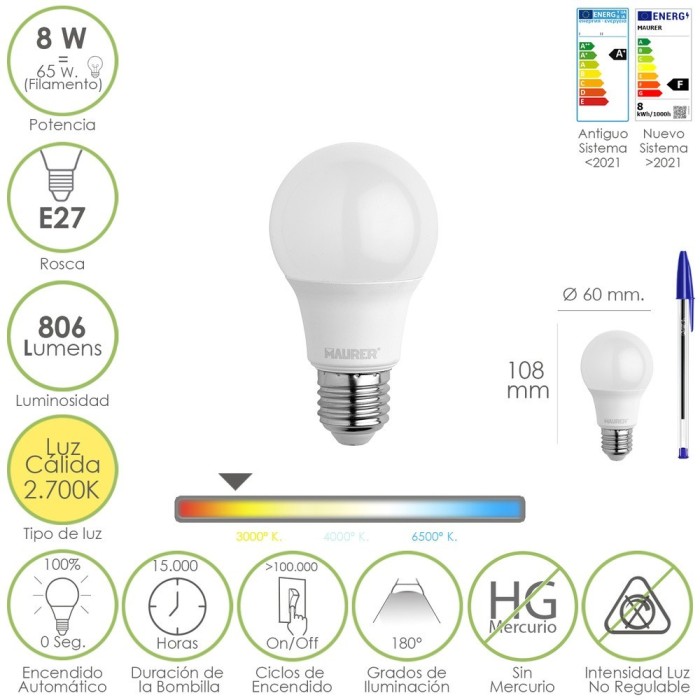 Bombilla Led Estandar Rosca E27, 8 Watt, Equivale A 65 Watt, 806 Lumenes, Luz Calida (2700º K,) al por Mayor | Almacén de Ferret