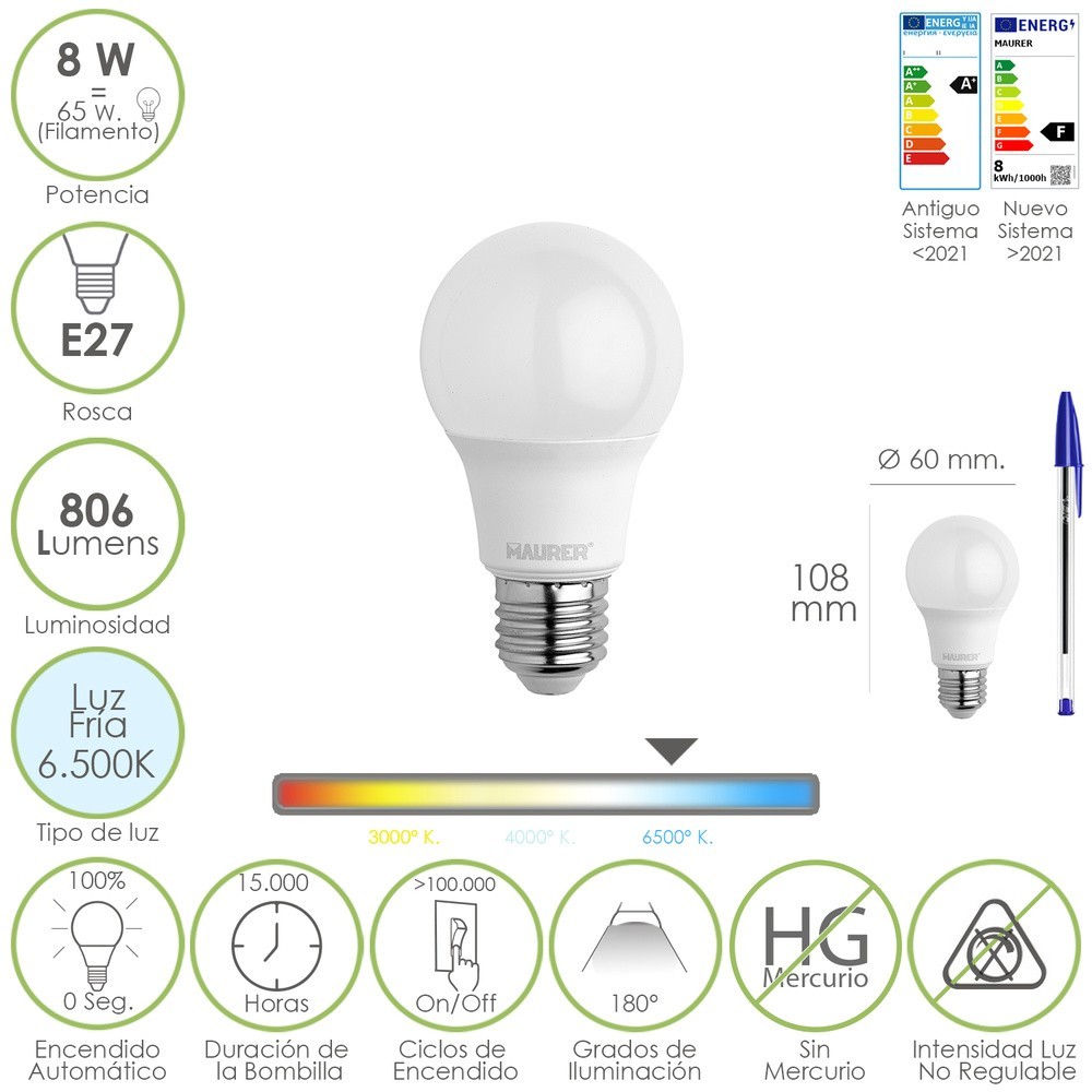 Bombilla Led Estandar Rosca E27, 8 Watt, Equivale A 65 Watt, 806 Lumenes, Luz Fría (6500º K,) al por Mayor | Almacén de Ferreter