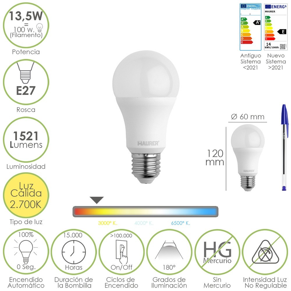 Bombilla Led Estandar Rosca E27, 13,5 Watt, Equivale A 100 Watt, 1521 Lumenes, Luz Calida (3000º K,) al por Mayor | Almacén de F