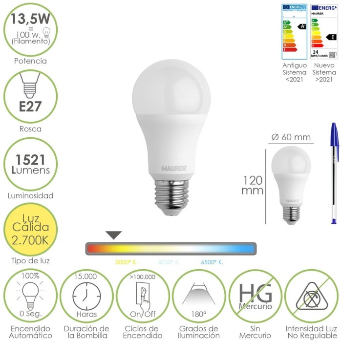 Bombilla Led Estandar Rosca E27, 13,5 Watt, Equivale A 100 Watt, 1521 Lumenes, Luz Calida (3000º K,) al por Mayor | Almacén de F