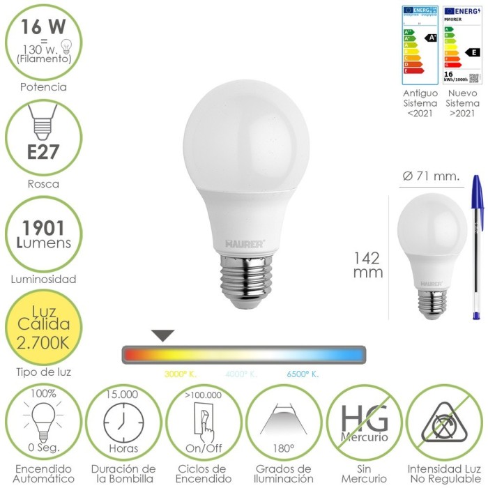 Bombilla Led Estandar Rosca E27, 16 Watt, Equivale A 130 Watt, 1901 Lumenes, Luz Calida 2,700º K, al por Mayor | Almacén de Ferr