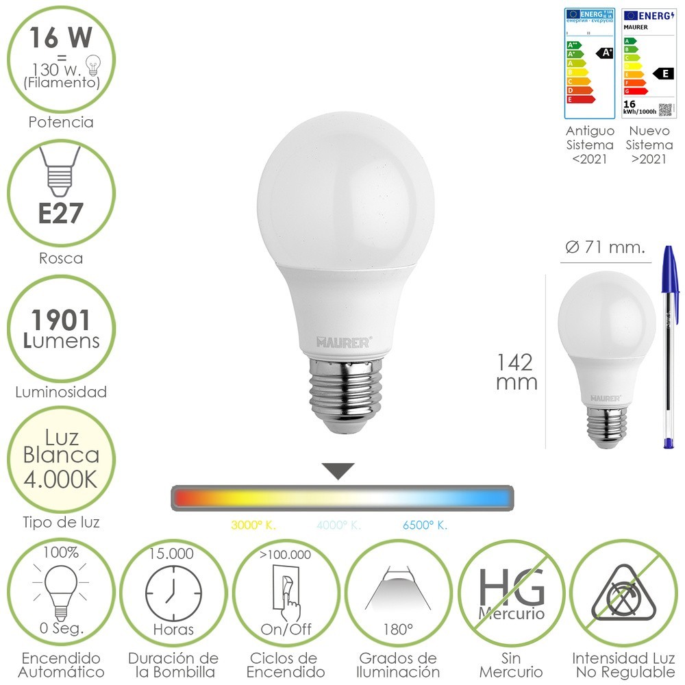 Bombilla Led Estandar Rosca E27, 16 Watt, Equivale A 130 Watt, 1901 Lumenes, Luz Blanca 4000º K,) al por Mayor | Almacén de Ferr