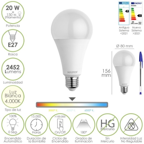 Bombilla Led Estandar Rosca E27, 20  Watt, Equivale A 150 Watt, 2452 Lumenes, Luz Neutra (4000º K,) al por Mayor | Almacén de Fe