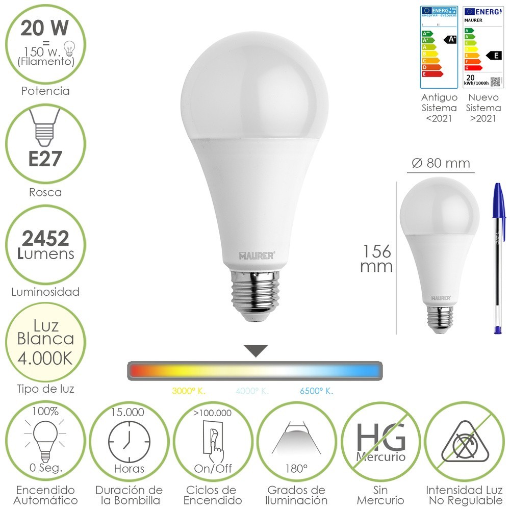 Bombilla Led Estandar Rosca E27, 20  Watt, Equivale A 150 Watt, 2452 Lumenes, Luz Neutra (4000º K,) al por Mayor | Almacén de Fe