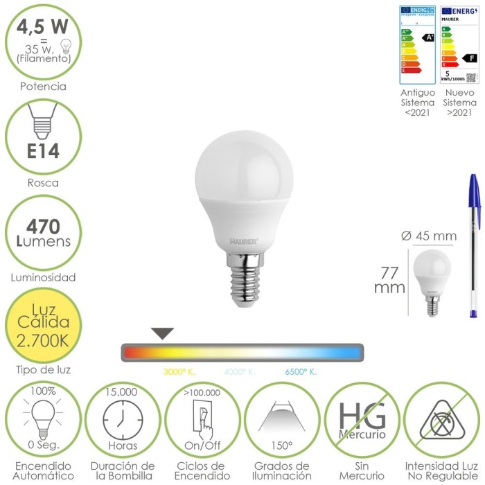 Bombilla Led Esferica Rosca E14 4,5 Watt, Equivale A 35 Watt, 470 Lumenes, Luz Cálida (00º K) al por Mayor | Almacén de Ferreter