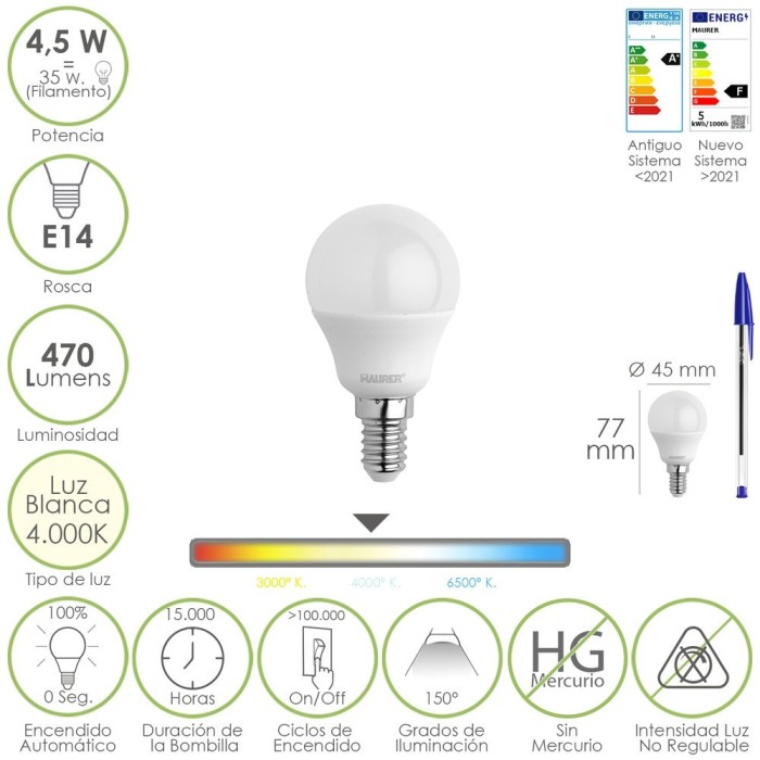Bombilla Led Esferica Rosca E14 4,5 Watt, Equivale A 35 Watt, 470 Lumenes, Luz Neutra (4000º K) al por Mayor | Almacén de Ferret