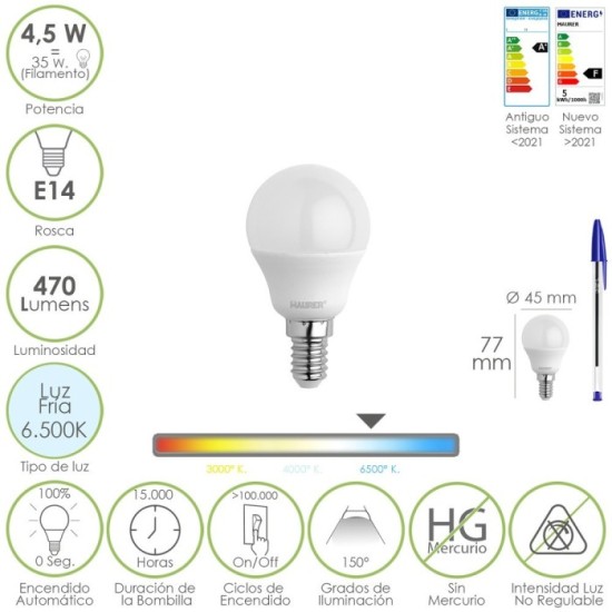 Bombilla Led Esferica Rosca E14 4,5 Watt, Equivale A 35 Watt, 470 Lumenes, Luz Fria (6500º K) al por Mayor | Almacén de Ferreter
