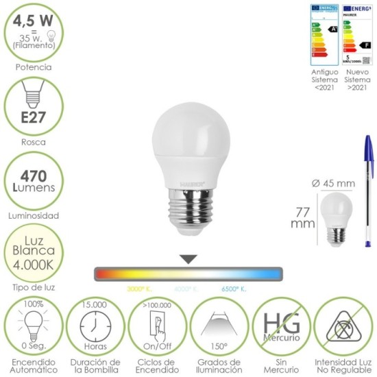 Bombilla Led Esferica Rosca E27 4,5 Watt, Equivale A 55 Watt, 470 Lumenes, Luz Neutra (4000º K) al por Mayor | Almacén de Ferret