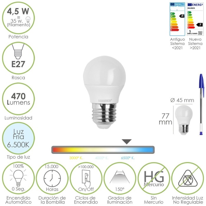 Bombilla Led Esferica Rosca E27 4,5 Watt, Equivale A 55 Watt, 470 Lumenes, Luz Fria (6500º K) al por Mayor | Almacén de Ferreter