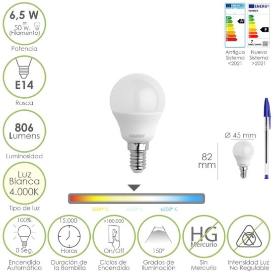 Bombilla Led Esfera Rosca E14, 6,5 Watt, Equivale A 50 Watt, 806 Lumenes, Luz Neutra 4000º K, al por Mayor | Almacén de Ferreter