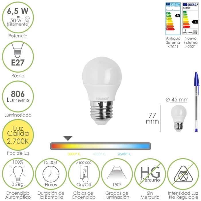 Bombilla Led Esfera Rosca E27, 6,5 Watt, Equivale A 50 Watt, 806 Lumenes, Luz Calida 3000º K, al por Mayor | Almacén de Ferreter