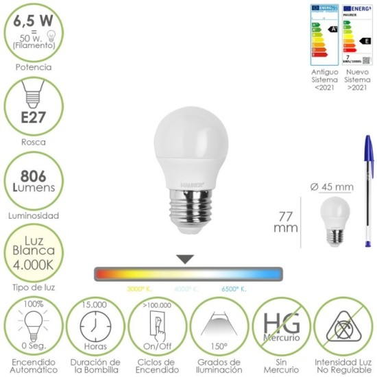 Bombilla Led Esfera Rosca E27, 6,5 Watt, Equivale A 50 Watt, 806 Lumenes, Luz Neutra 4000º K, al por Mayor | Almacén de Ferreter