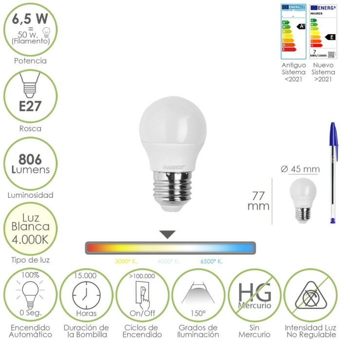 Bombilla Led Esfera Rosca E27, 6,5 Watt, Equivale A 50 Watt, 806 Lumenes, Luz Neutra 4000º K, al por Mayor | Almacén de Ferreter