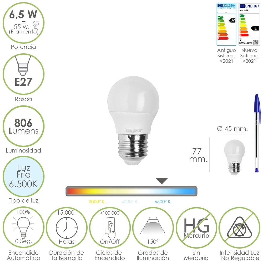 Bombilla Led Esfera Rosca E27, 6,5 Watt, Equivale A 55 Watt, 806 Lumenes, Luz Fría 6500º K, al por Mayor | Almacén de Ferretería