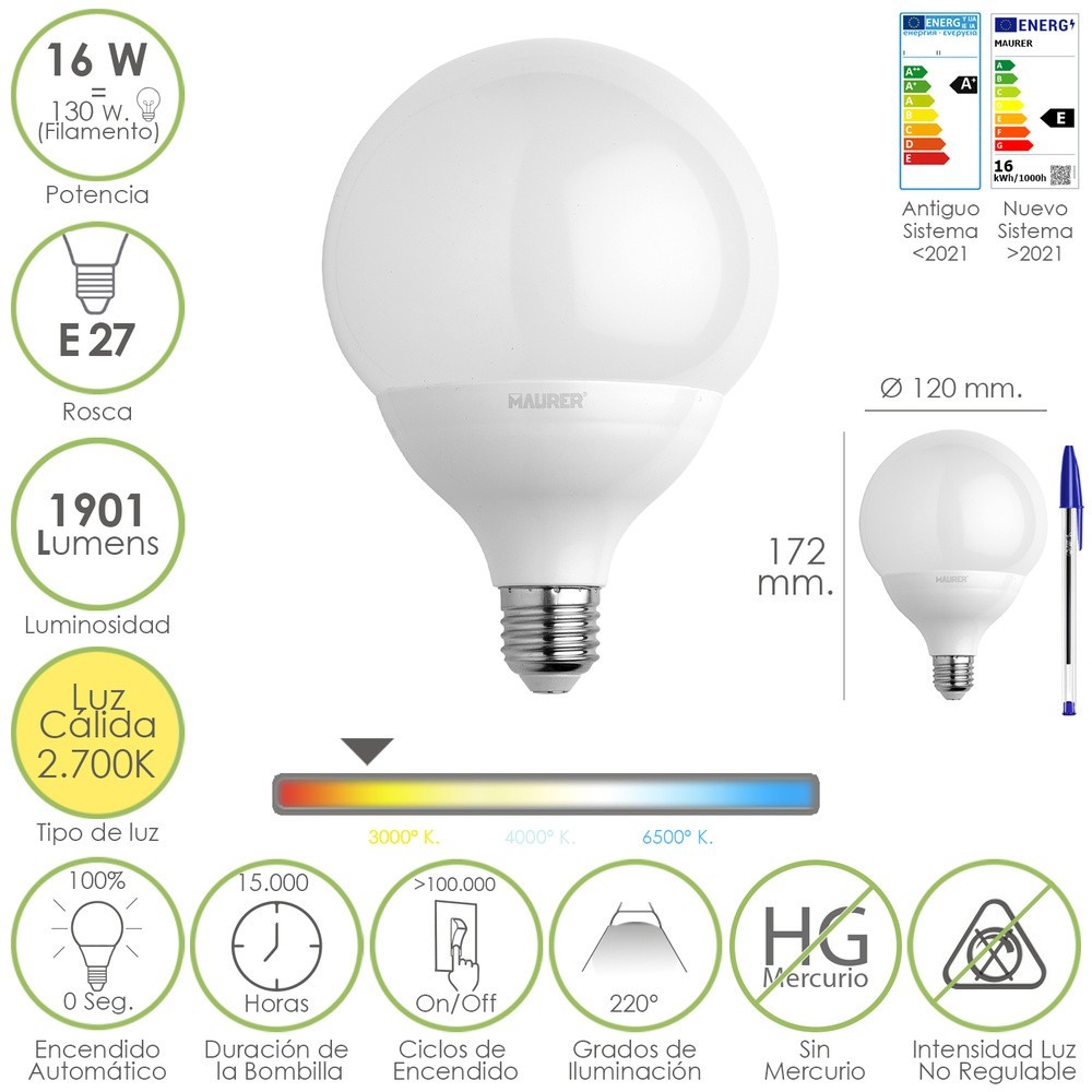 Bombilla Led Globo Rosca E27, 16 Watt, Equivale A 130 Watt, 1901 Lumenes, Luz Cálida (2700º K,) al por Mayor | Almacén de Ferret