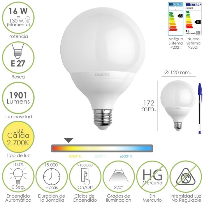 Bombilla Led Globo Rosca E27, 16 Watt, Equivale A 130 Watt, 1901 Lumenes, Luz Cálida (2700º K,) al por Mayor | Almacén de Ferret