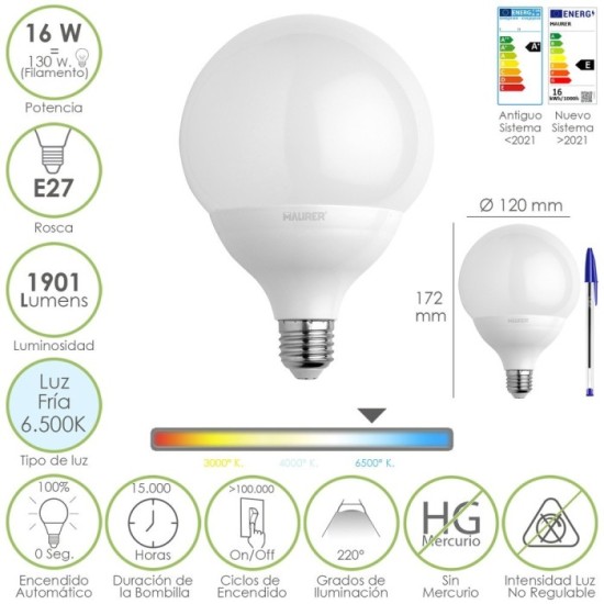 Bombilla Led Globo Rosca E27, 16 Watt, Equivale A 130 Watt, 1901 Lumenes, Luz Fria 6500º K, al por Mayor | Almacén de Ferretería