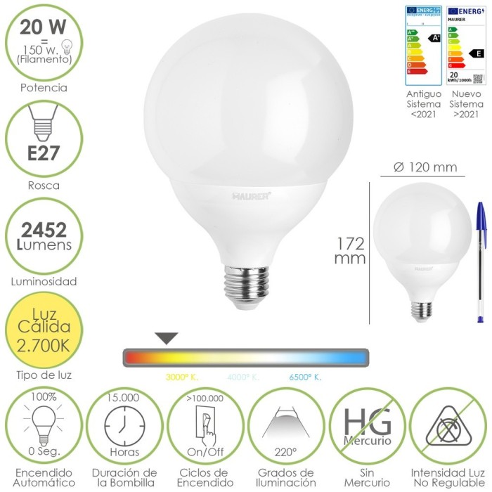 Bombilla Led Globo E27, 20 Watt, Equivale A 150 Watt, 2452 Lumenes, Luz Calida 2700º K, al por Mayor | Almacén de Ferretería