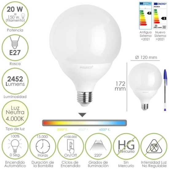 Bombilla Led Globo E27, 20 Watt, Equivale A 150 Watt, 2452 Lumenes, Luz Neutra 4000º K, al por Mayor | Almacén de Ferretería