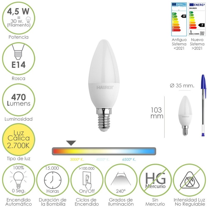 Bombilla Led Vela Rosca E14, 4,5 Watt, Equivale A 35 Watt, 470 Lumenes, Luz Cálida (2700º K) al por Mayor | Almacén de Ferreterí