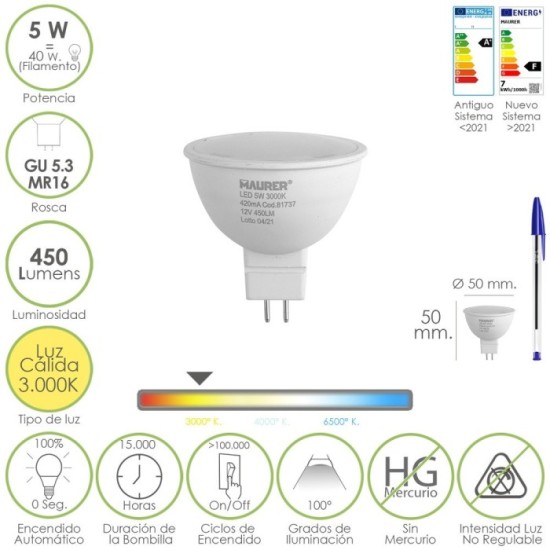 Bombilla Led Dicroica Rosca GU 5,3 / MR16, 5 Watt, Equivale A 40 Watt, 405 Lumenes, Luz Cálida (3000º K,) al por Mayor | Almacén