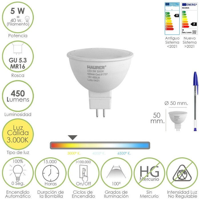 Bombilla Led Dicroica Rosca GU 5,3 / MR16, 5 Watt, Equivale A 40 Watt, 405 Lumenes, Luz Cálida (3000º K,) al por Mayor | Almacén