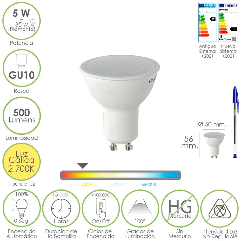Bombilla Led Dicroica Rosca GU10, 5 Watt, Equivale A 30 Watt, 500 Lumenes, Luz Cálida (2700º K) al por Mayor | Almacén de Ferret