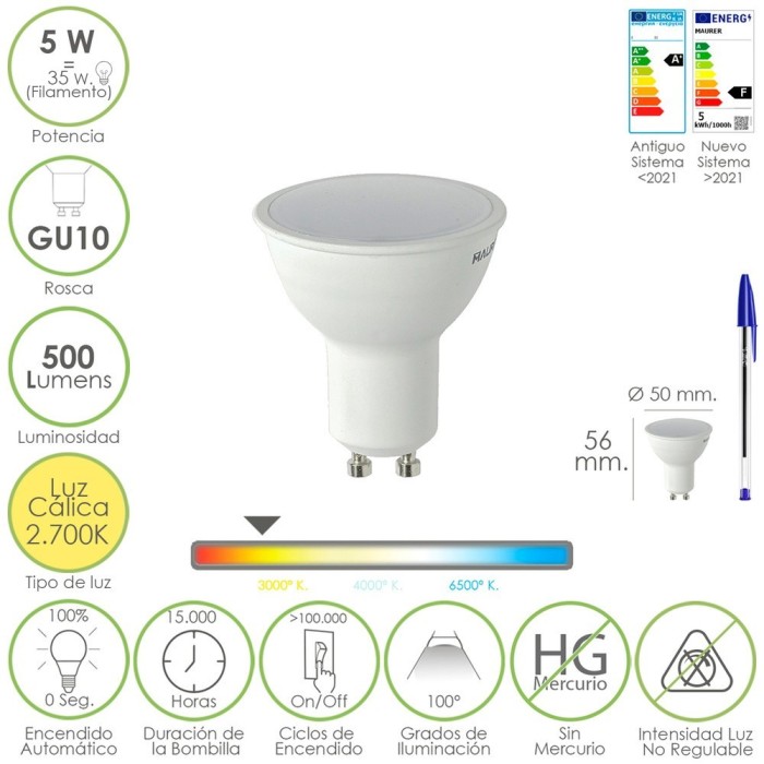 Bombilla Led Dicroica Rosca GU10, 5 Watt, Equivale A 30 Watt, 500 Lumenes, Luz Cálida (2700º K) al por Mayor | Almacén de Ferret