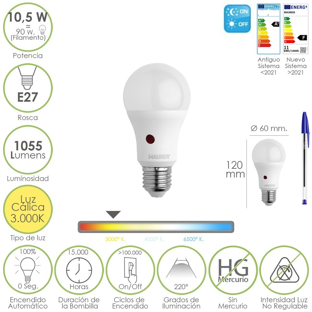 Bombilla Led Esfera Con Sensor Crepuscular, Rosca E27, 10,5 Watt, Equivale A 90 Watt, 1055 Lumenes, Luz Calida 3000º K, al por M