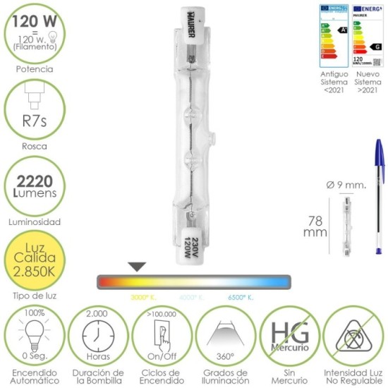 Bombilla Halogena Para Focos Rosca R7S, 120 Watt, 2220 Lumenes, Luz Cálida (2850º K) al por Mayor | Almacén de Ferretería