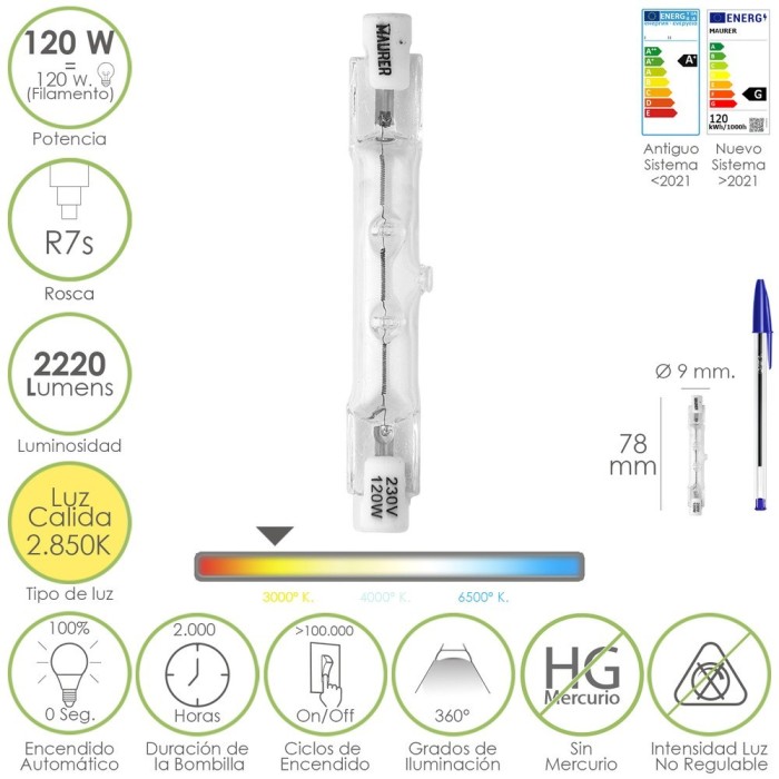 Bombilla Halogena Para Focos Rosca R7S, 120 Watt, 2220 Lumenes, Luz Cálida (2850º K) al por Mayor | Almacén de Ferretería