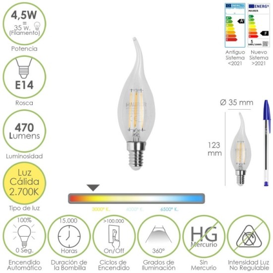 Bombilla Led Filamento Vela Llama E14, 4,5 Watt, Equivale A 35 Watt, 470 Lumenes, Luz Calida 2700º K, al por Mayor | Almacén de 