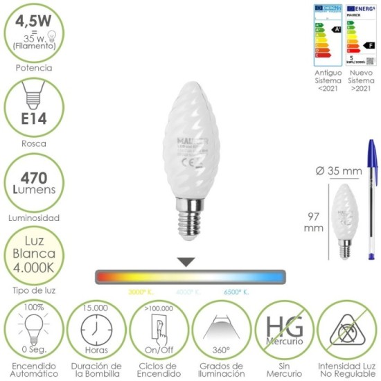 Bombilla Led Filamento Vela Esmerilada E14, 4,5 Watt, Equivale A 35 Watt, 470 Lumenes, Luz Neutra 4000º K, al por Mayor | Almacé