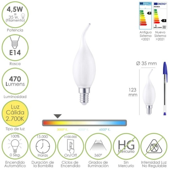 Bombilla Led Filamento Vela Llama Esmerilada E14, 4,5 Watt, Equivale A 35 Watt, 470 Lumenes, Luz Calida 2700º K, al por Mayor | 