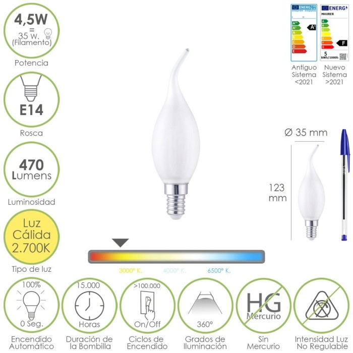 Bombilla Led Filamento Vela Llama Esmerilada E14, 4,5 Watt, Equivale A 35 Watt, 470 Lumenes, Luz Calida 2700º K, al por Mayor | 