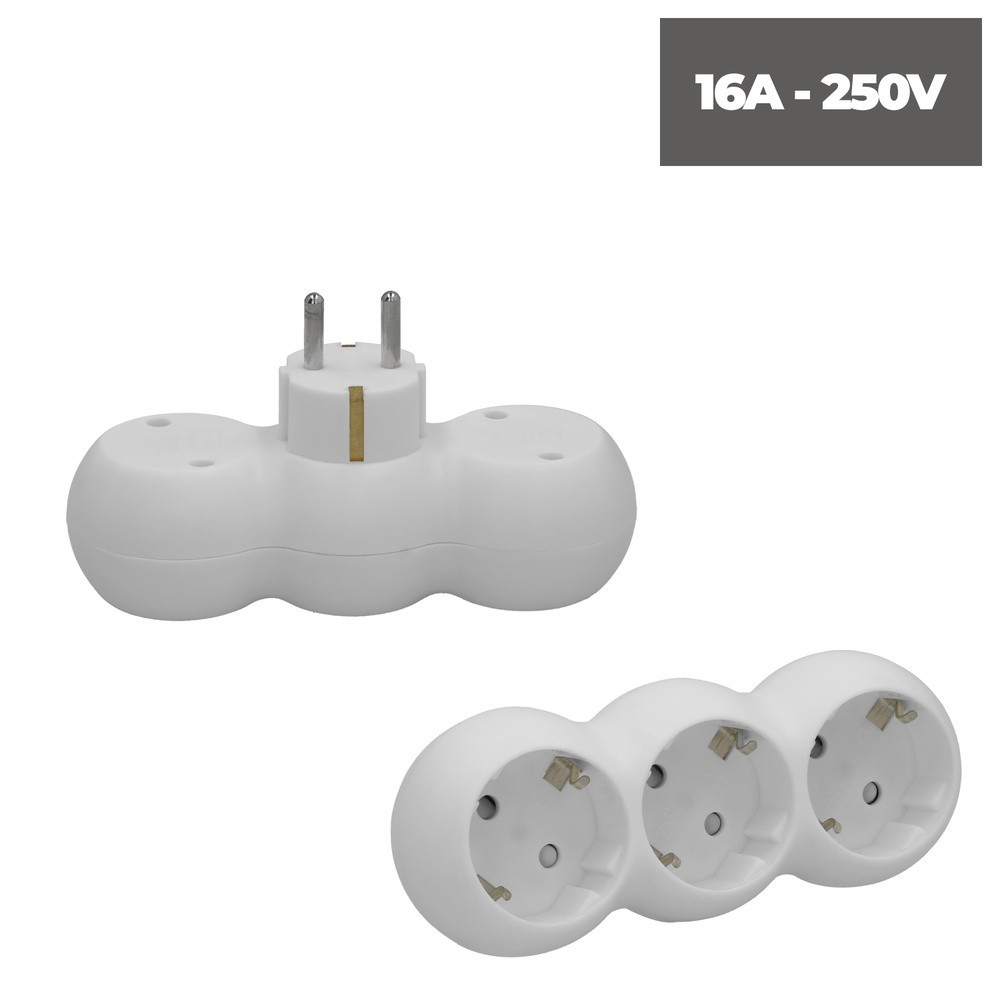 Adaptador Triple Schuko Recto 16A, 250V, al por Mayor | Almacén de Ferretería