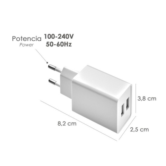 Cargador USB Dos Tomas 2,1 Amperios, 5 V, Adaptador Enchufe USB Cargador USB de Pared, Android, Iphone, Smartphones, Tablets, al