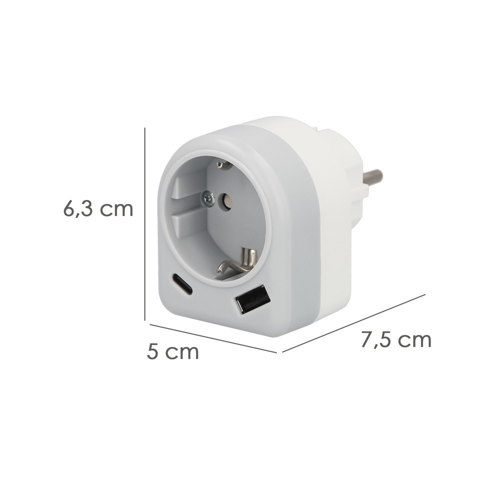 Enchufe / Adaptador Schuko Con 2 Tomas, USB A / C, Potencia Maxima 3680 W, Cargador Moviles, Cargador 2 Tomas, Adaptador Moviles