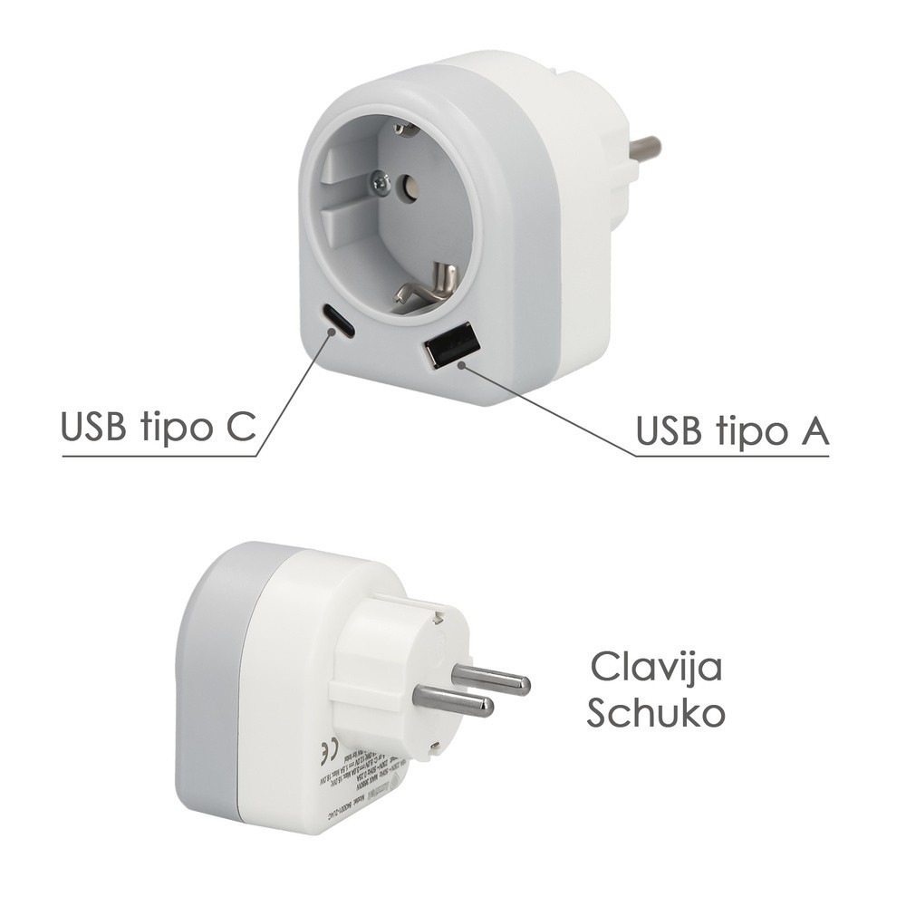 Enchufe / Adaptador Schuko Con 2 Tomas, USB A / C, Potencia Maxima 3680 W, Cargador Moviles, Cargador 2 Tomas, Adaptador Moviles