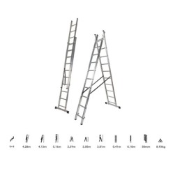 Escalera Aluminio 2 Tramos 9+9 Peldaños, Plegable, Antideslizante, Resistente