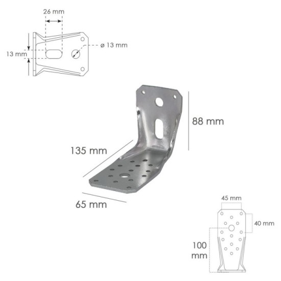 Soporte Para Madera Con Angulo Reforzado 65x88x135 mm, Conector Angular, Escuadra Fijación, Zapata Madera Soporte Pergola Madera