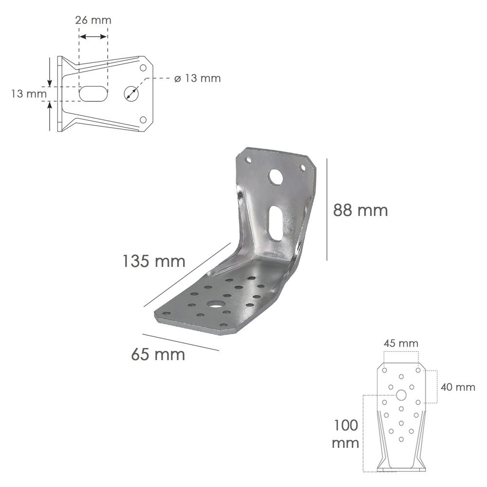 Soporte Para Madera Con Angulo Reforzado 65x88x135 mm, Conector Angular, Escuadra Fijación, Zapata Madera Soporte Pergola Madera